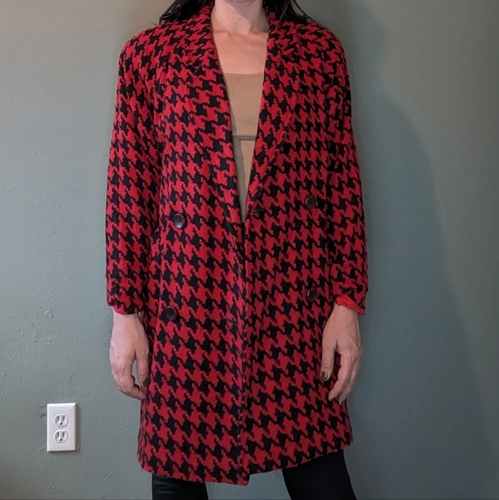 King Feather Retro Red & Black Houndstooth Pea Coat Size L - Picture 15 of 15